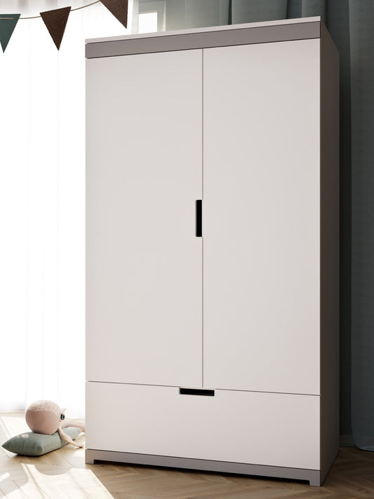 Tomi white kids wardrobe with grey top and black handles in bedroom setting