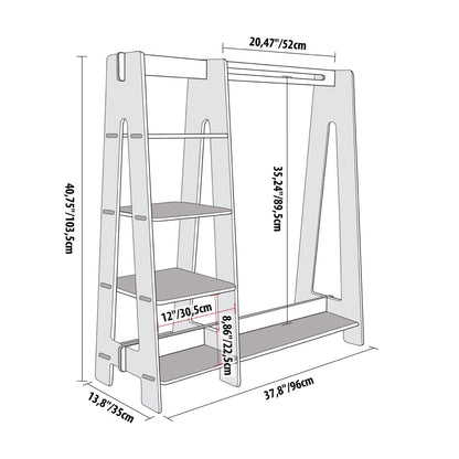 Dimension diagram of wooden kids wardrobe rack showing width, height, and depth measurements