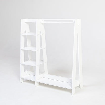 White painted Montessori house bed clothing rack with open shelves, side view