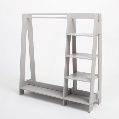 Grey solid wood kids clothing rack empty, showing open shelving and hanging space