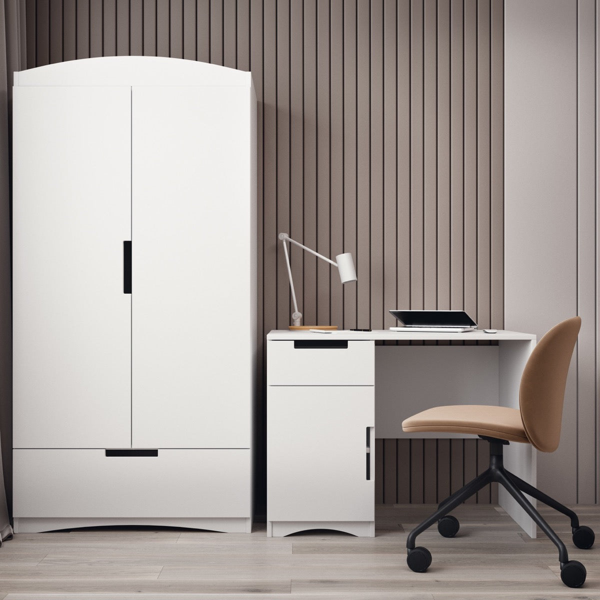 White desk with storage in modern bedroom setting next to wardrobe and chair