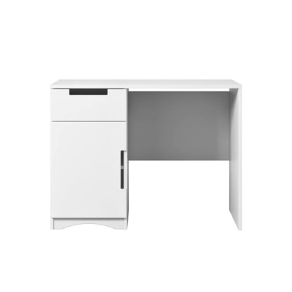 White children's desk with storage drawer and closed cabinet, angled side view
