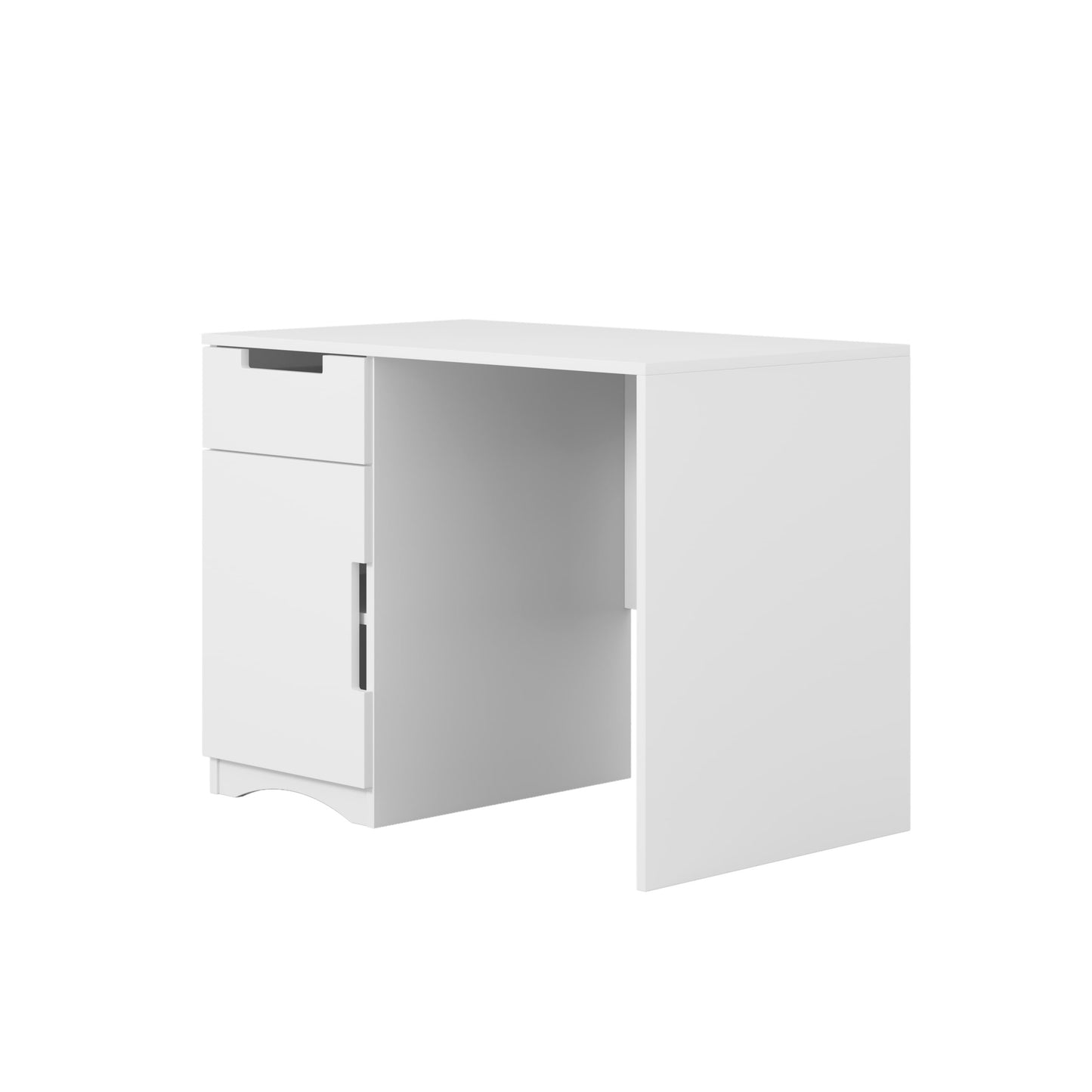 White children's desk with storage cabinet and drawer, rear three-quarter view