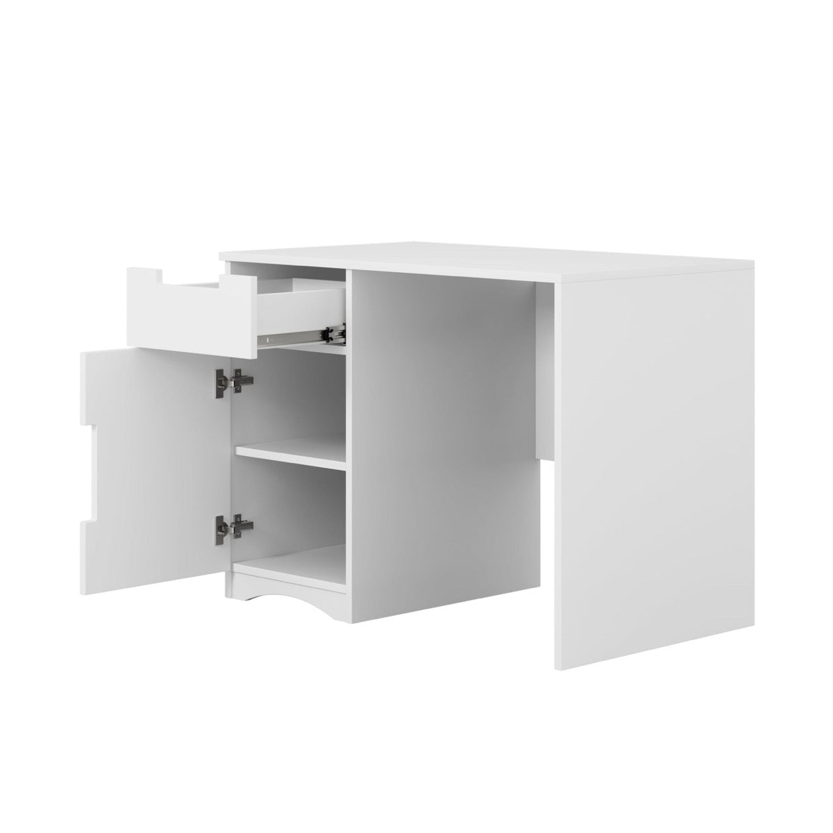 White desk storage cabinet open showing two internal shelves and ball-bearing drawer