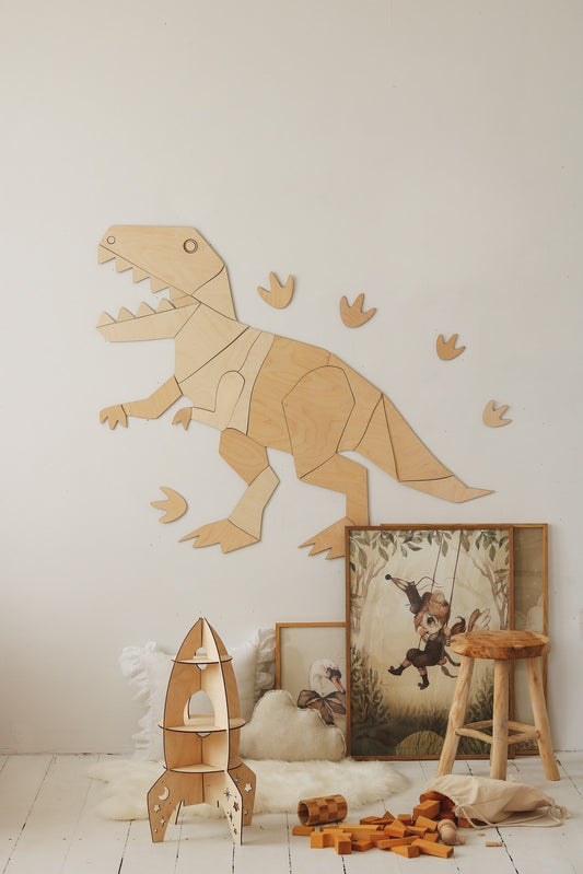 Wooden T-Rex wall decoration assembled with 27 plywood pieces and bonus footprints, displayed in playroom setting