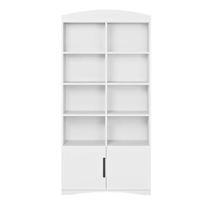 Front-facing white double bookshelf with 8 compartments and bottom storage cabinet