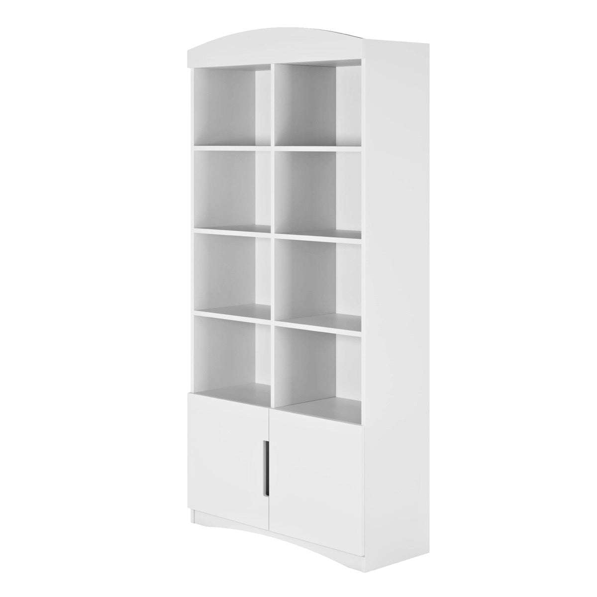 Angled view of white double bookshelf with 8 compartments and lower storage cabinet