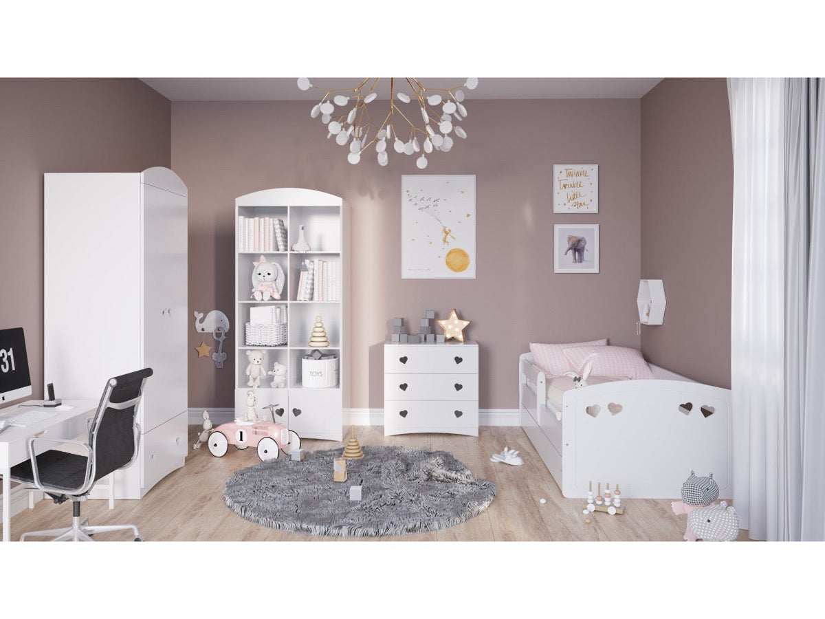 Julia bookshelf with matching nursery furniture set in purple-toned kids room