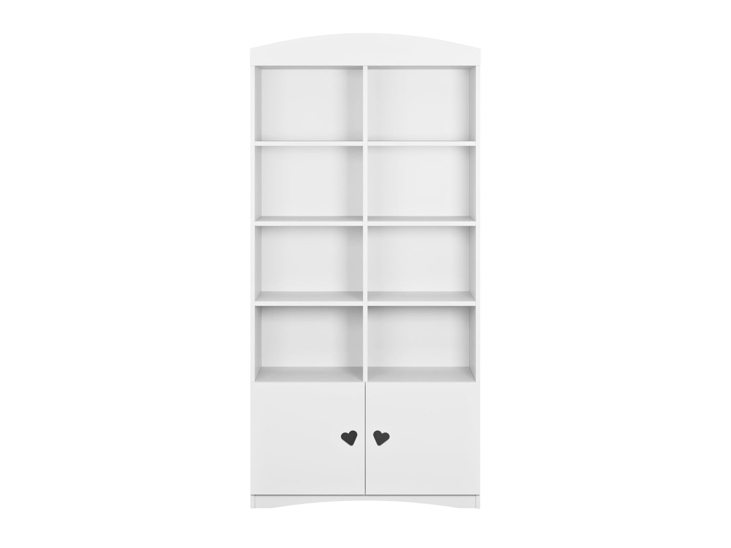 Julia double bookshelf front facing with heart cutout handles on storage cabinet