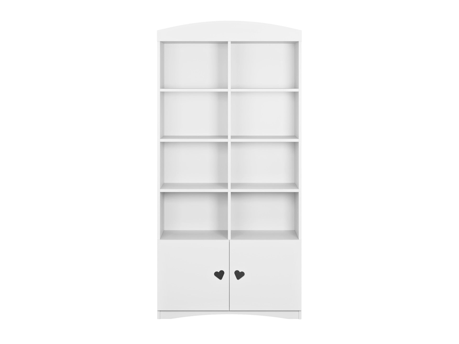 Julia double bookshelf front facing with heart cutout handles on storage cabinet