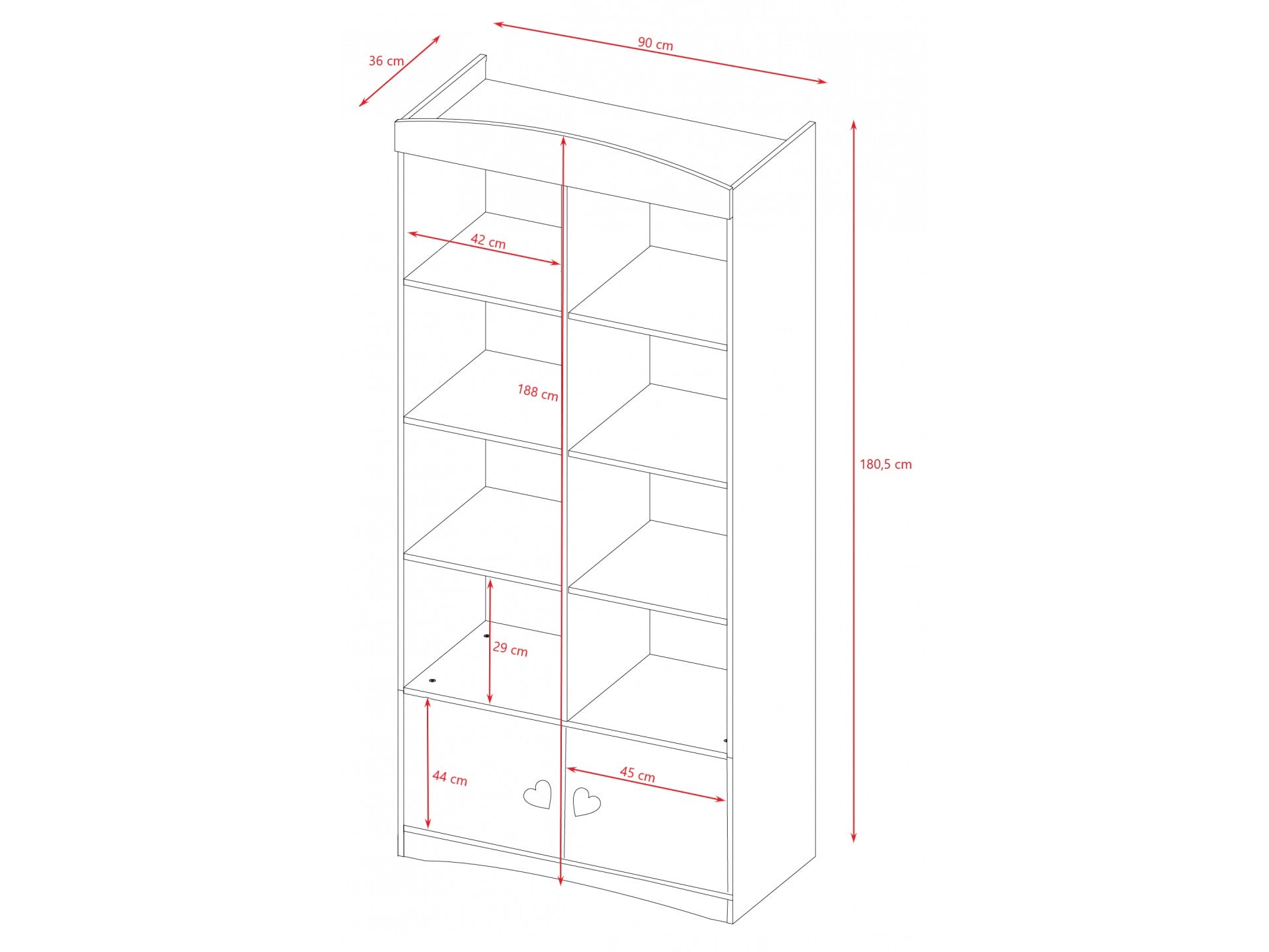 Julia double bookshelf technical drawing showing dimensions and shelf layout
