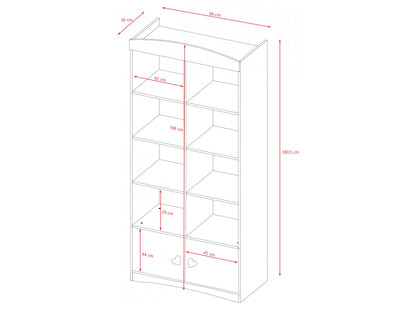 Julia double bookshelf technical drawing showing dimensions and shelf layout