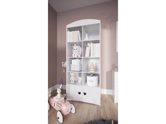 White Julia double bookshelf in kids bedroom with books and toys on shelves