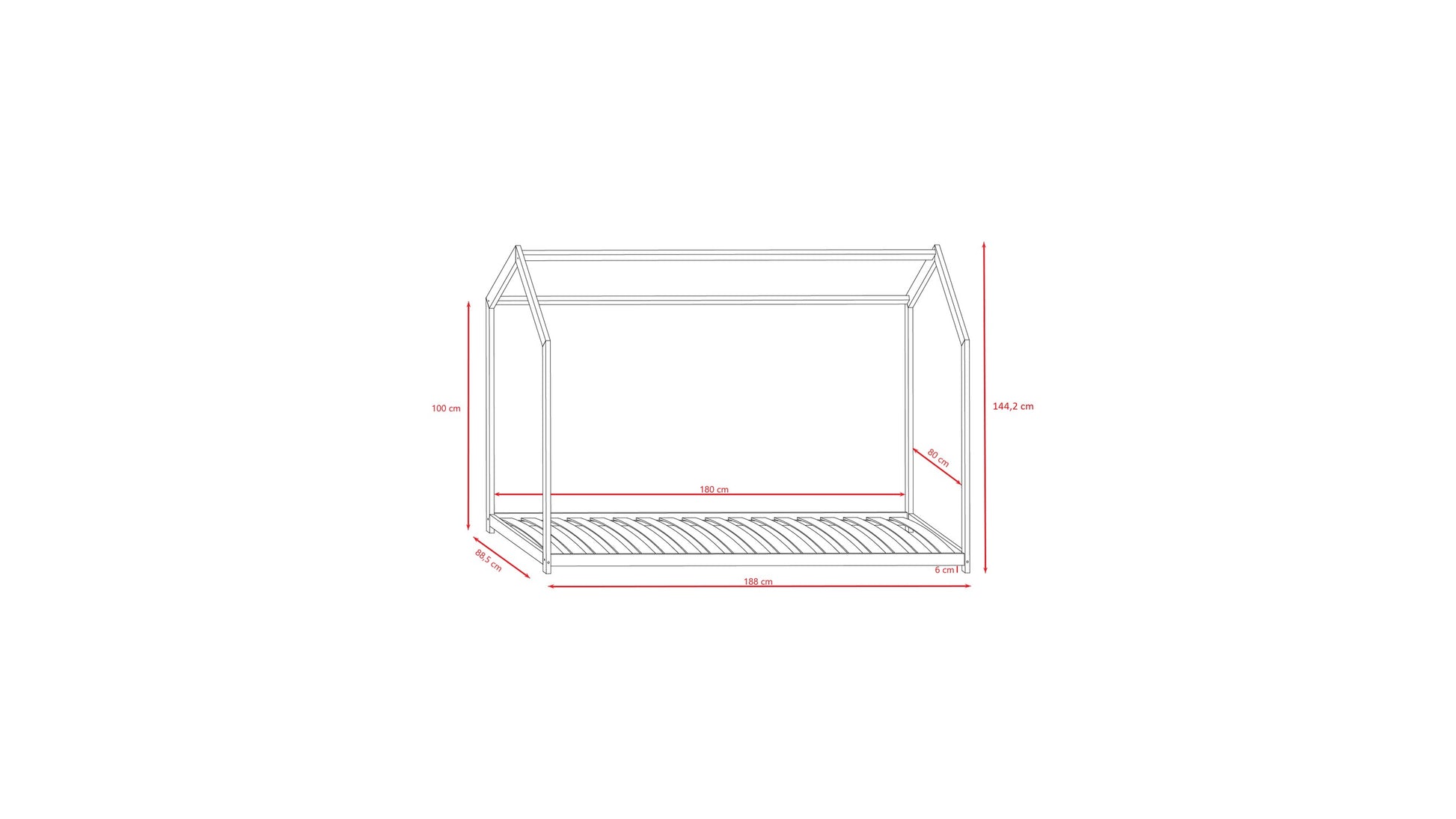 Bella house bed dimension diagram showing length, width and height measurements