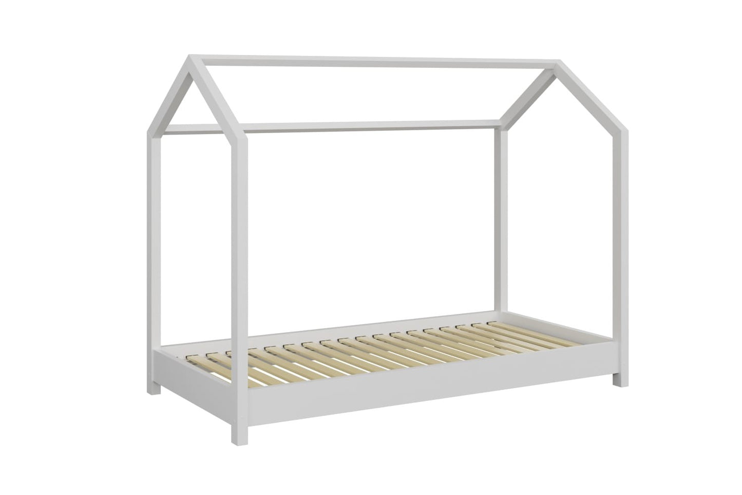 White pine house bed frame showing wooden slat base and minimalist architectural structure
