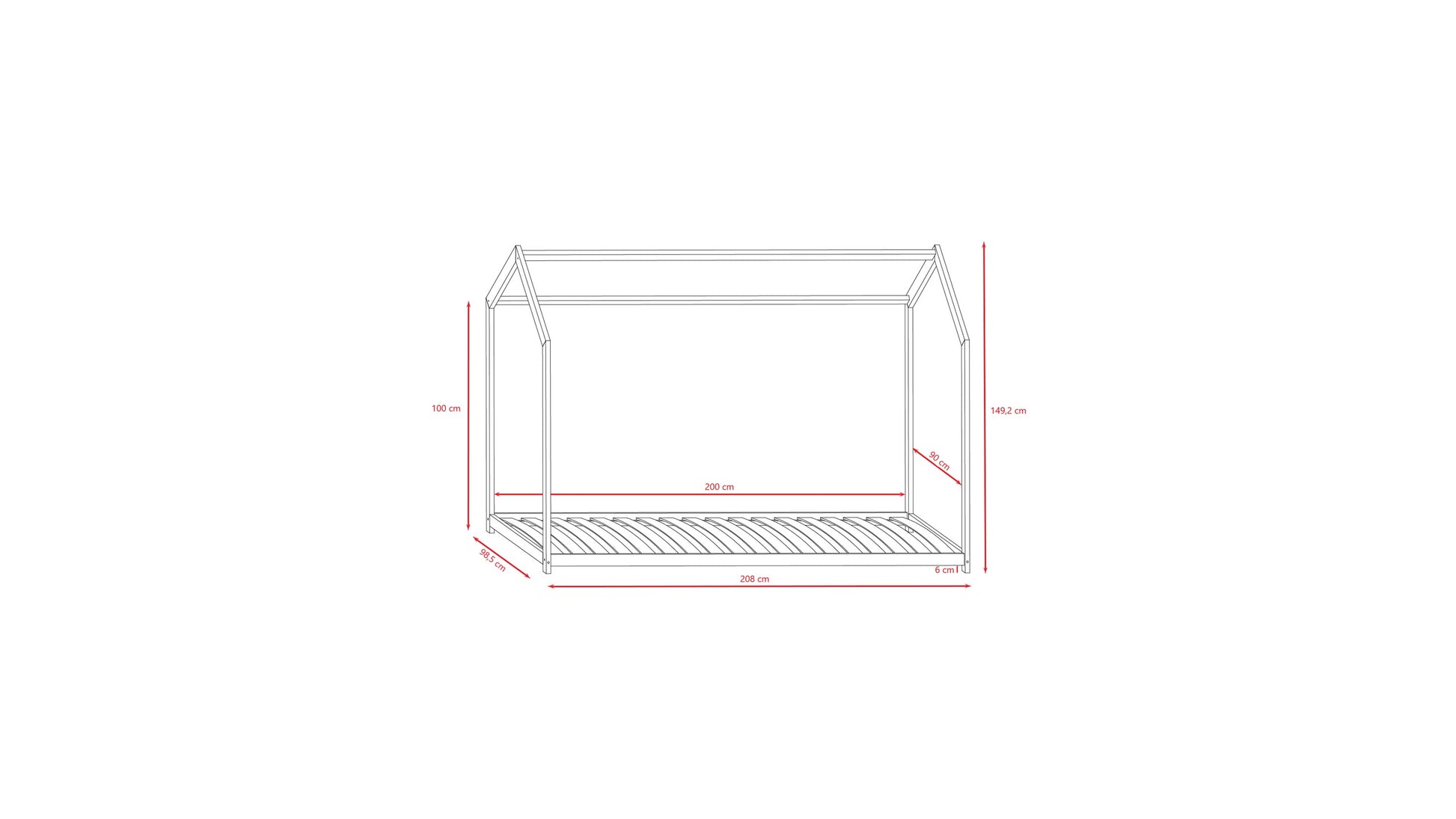 Bella house bed dimension diagram showing length, width and height measurements