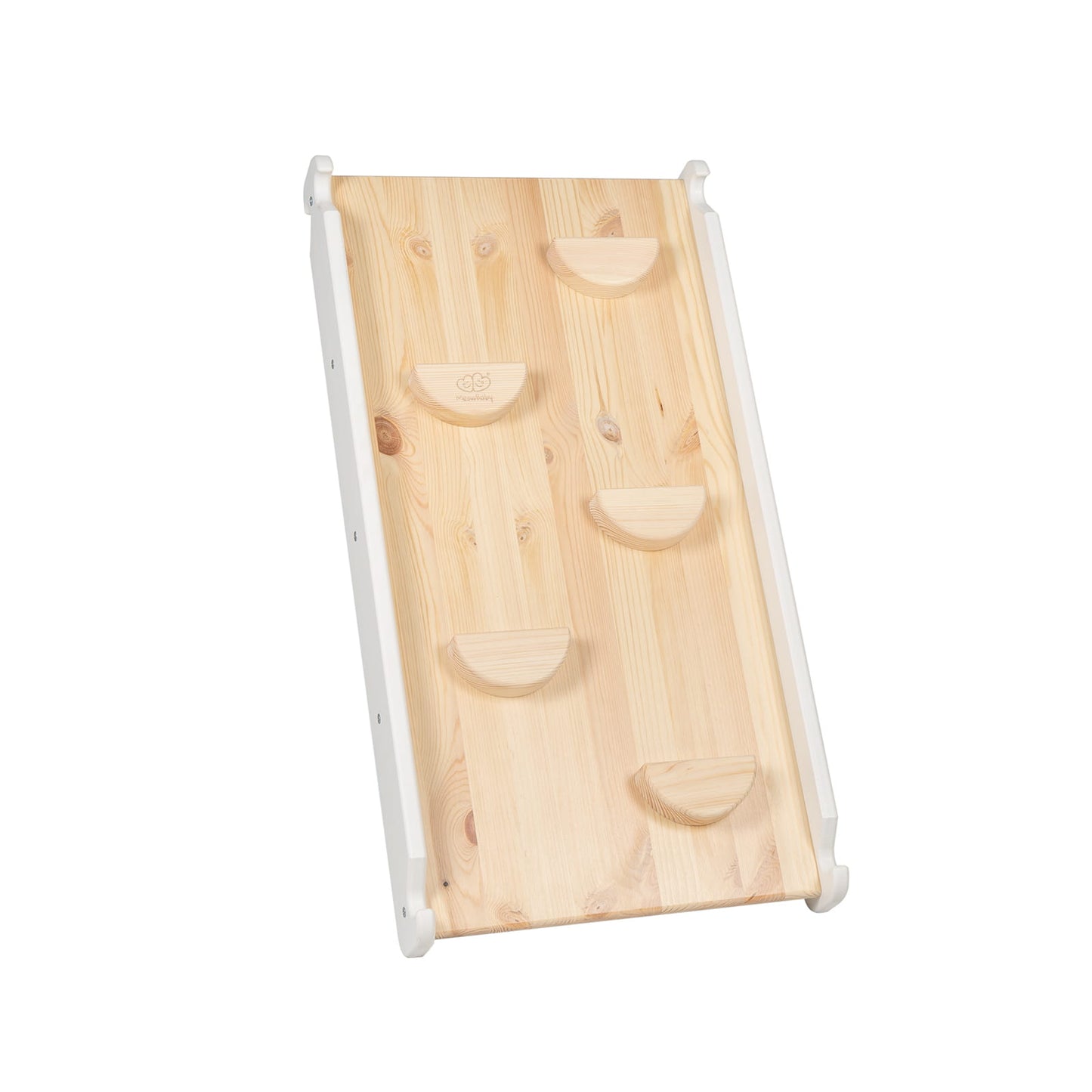 Natural wood climbing wall panel with curved grip handles and white frame