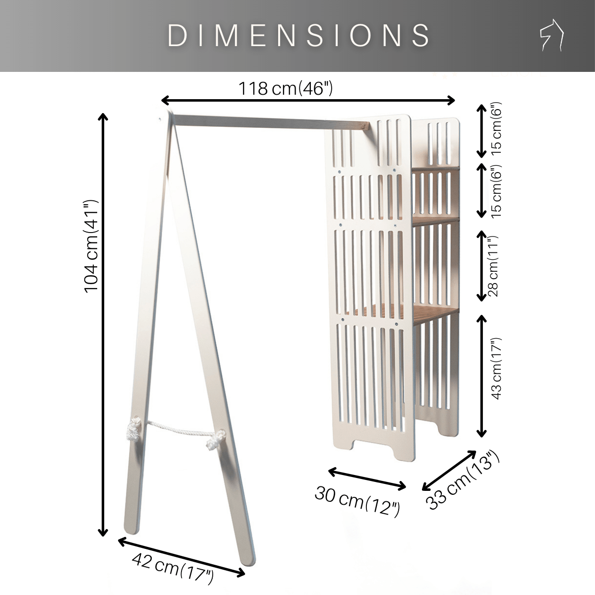 Full dimension diagram of plywood clothing rack showing height, width and depth measurements for nursery
