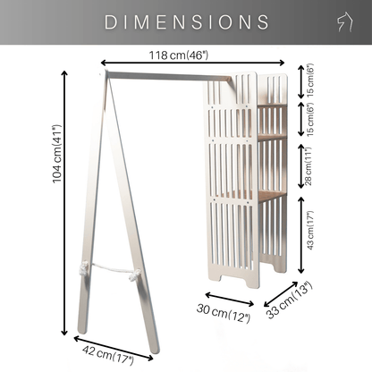 Full dimension diagram of plywood clothing rack showing height, width and depth measurements for nursery