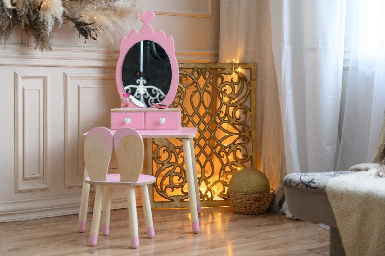 Family-scl Princess Beauty Table Chair with Mirror Crown – bedroom lifestyle pink vanity | Nestling