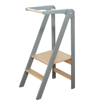 Grey and natural wood kitchen tower in angled view displaying adjustable platform height and frame construction