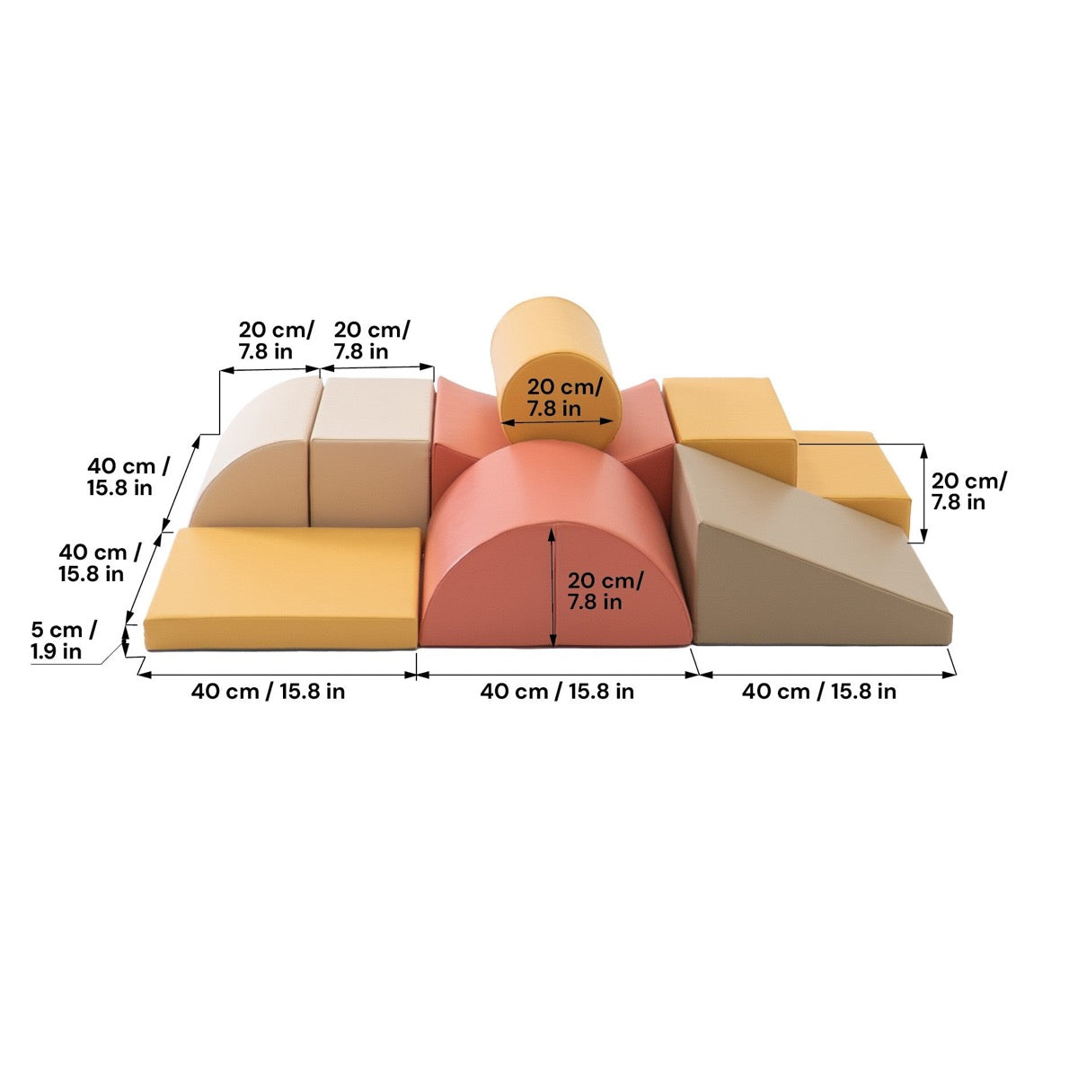 Dimension measurements labeled on foam block set showing block sizes in centimeters and inches