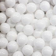 Close-up of white soft plastic ball pit balls showing texture and quality