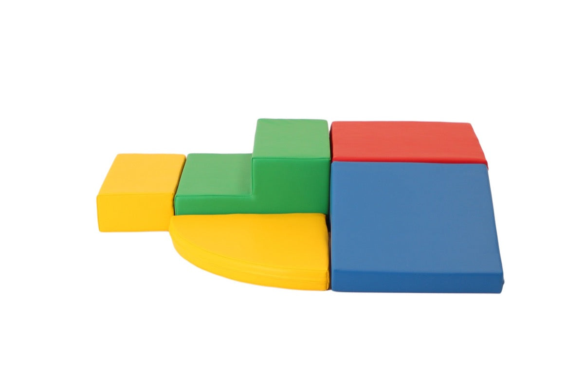Side view of stacked foam blocks showing green, yellow, red and blue arrangement