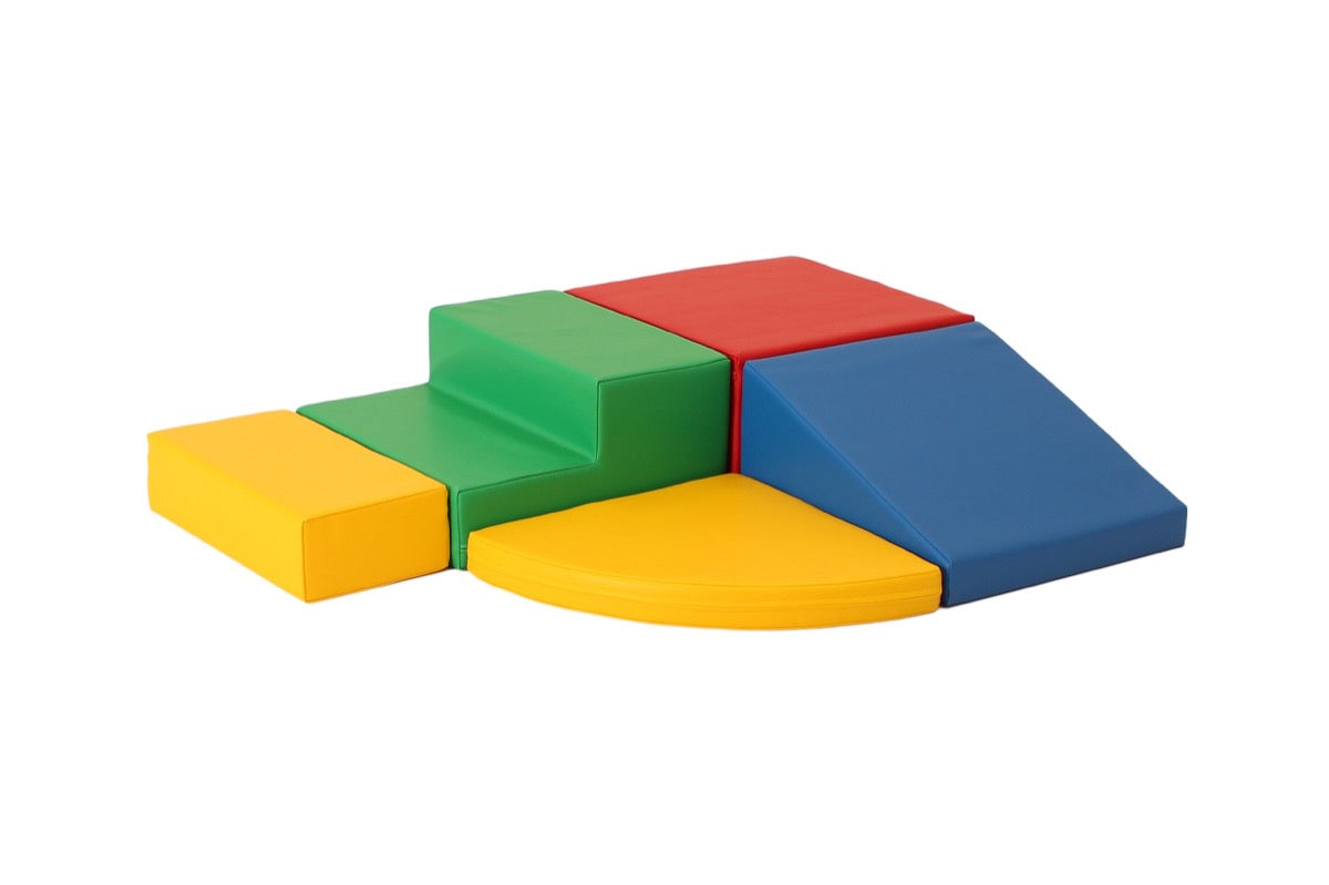 Assembled corner climber showing green stepping blocks and colored foam pieces
