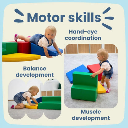 Infographic showing motor skills development: hand-eye coordination, balance, and muscle strength with toddlers playing
