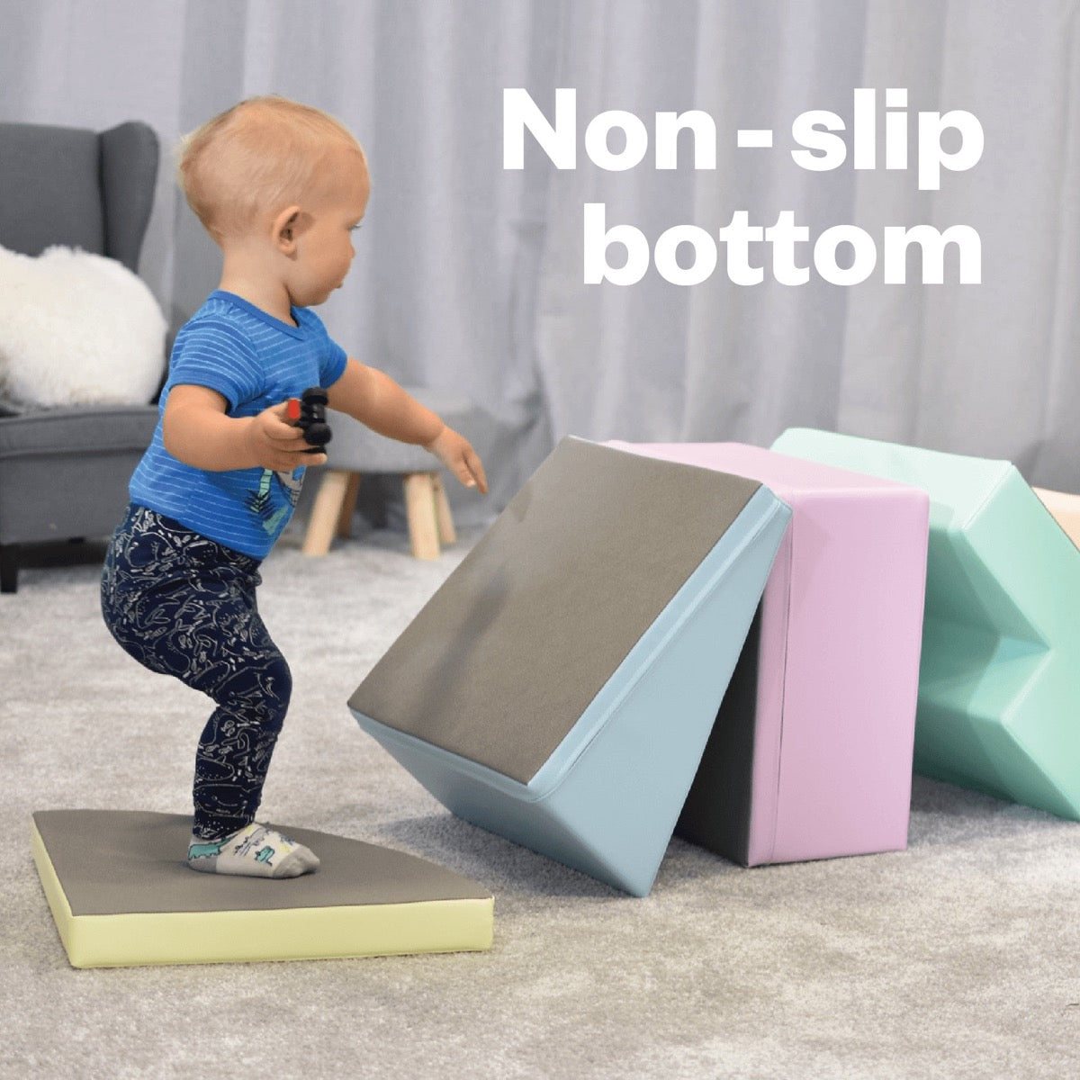 Close-up of foam block seams and pastel blue and green colors