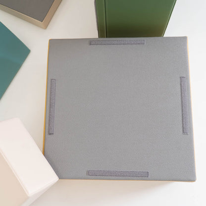 Top-down view of gray foam block with inside-out zipper detail visible