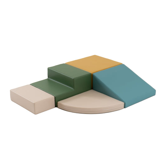 IGLU soft play foam block set in pastel turquoise, cream, green and gold arranged in corner climber configuration