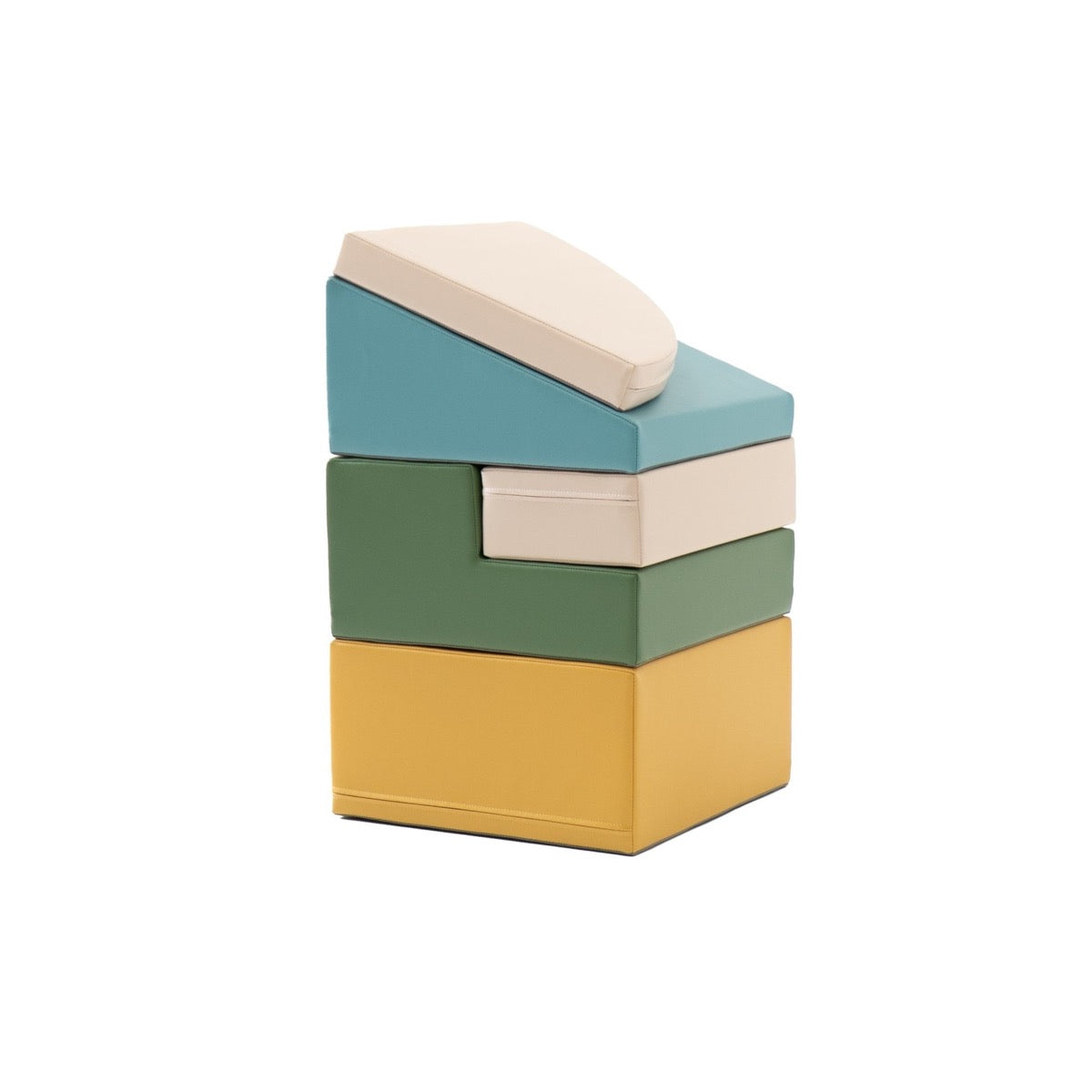 Stacked foam climbing blocks in turquoise, cream, green and gold showing stackable design