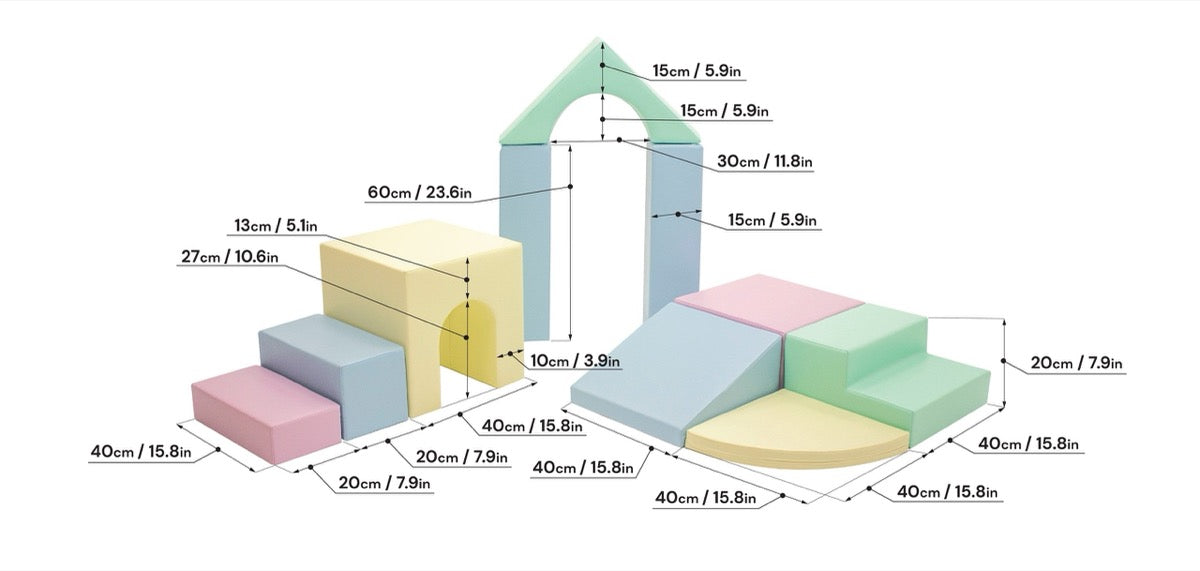 Dimension diagram showing measurements of all 10 foam block pieces in the set