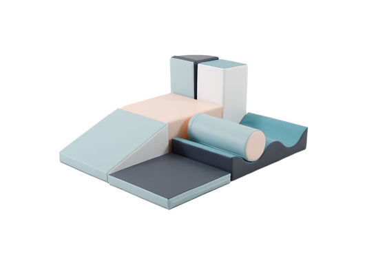 IGLU Discoverer 7-piece foam block set in light pastel colors arranged on gray base
