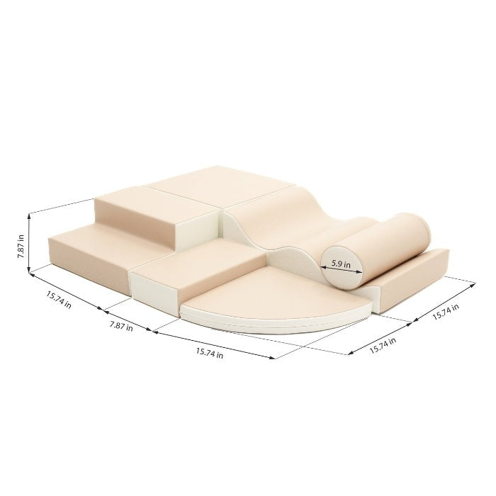 Beige foam block set with metric dimensions for ramps, steps, and cylindrical foam roller