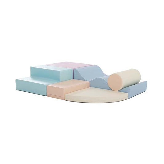 IGLU Soft Play 6 foam block set in light pastel colors arranged to show all pieces