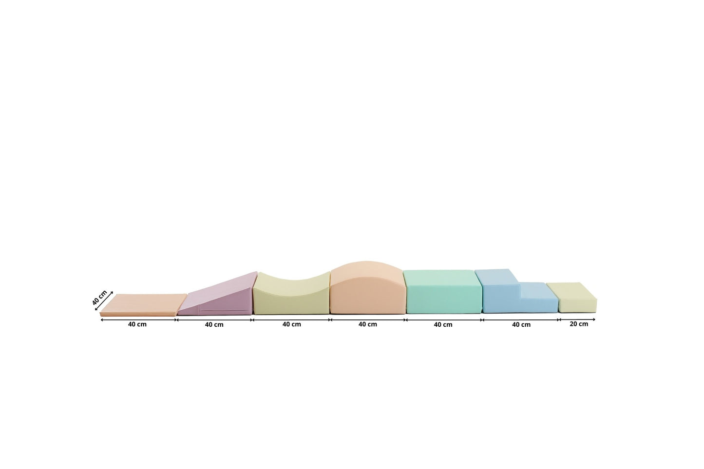 Top-down view showing dimensions of pastel foam climbing blocks arranged in line
