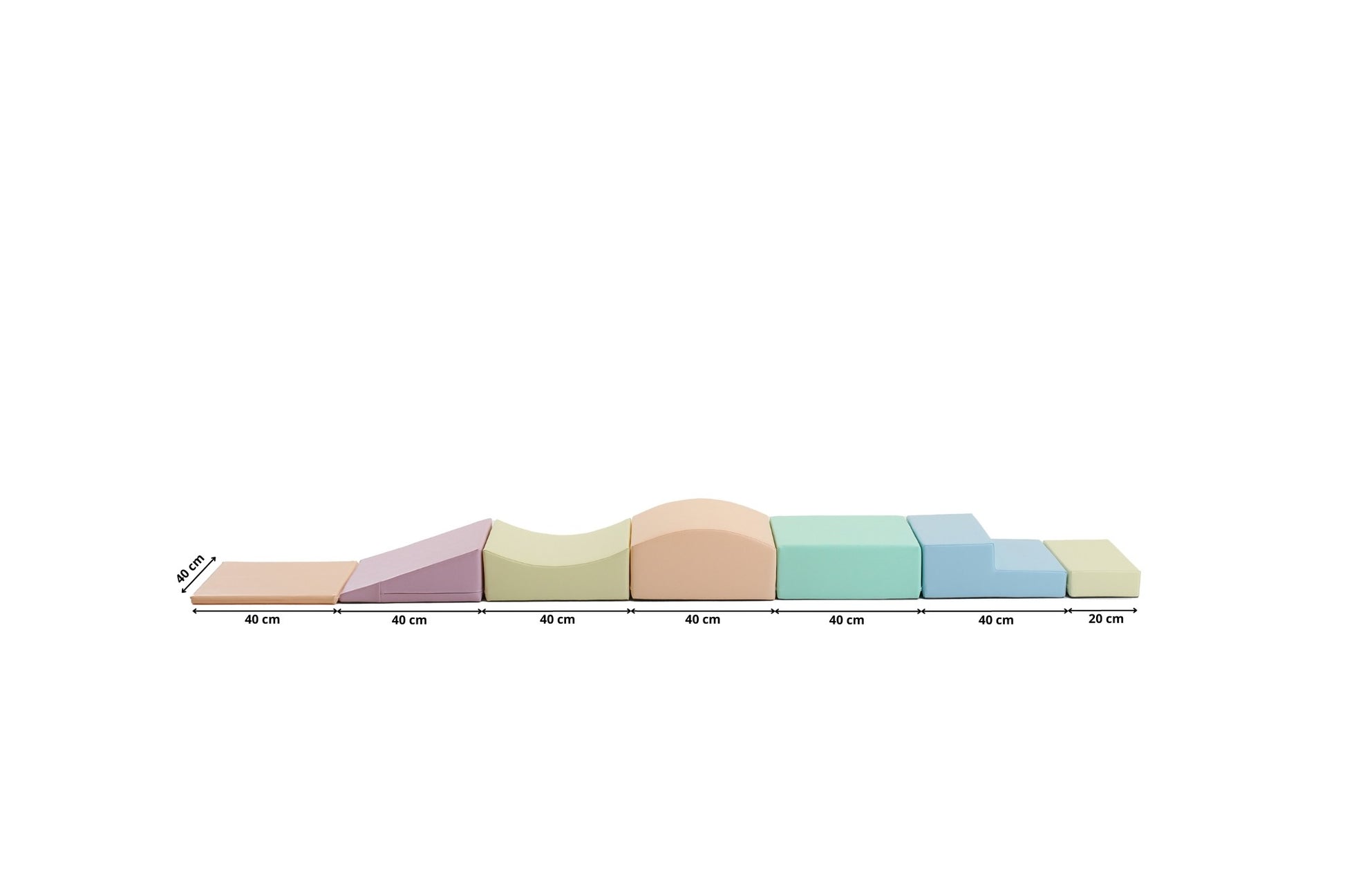 Top-down view showing dimensions of pastel foam climbing blocks arranged in line