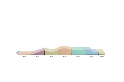Top-down view showing dimensions of pastel foam climbing blocks arranged in line
