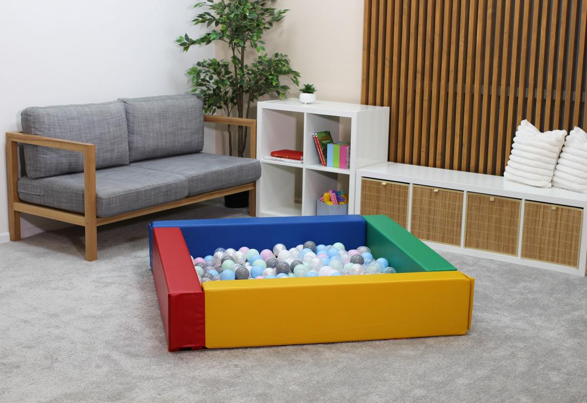 IGLU multicolor foam ball pit filled with balls in living room – indoor toddler play setup