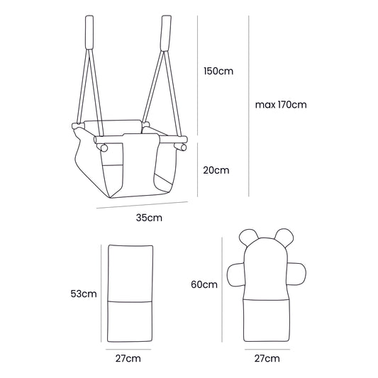 Indoor baby swing dimensions and measurements diagram showing 150cm height, 35cm width, and 20cm seat depth