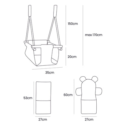 Indoor baby swing dimensions showing 150cm rope length, 35cm width, and 20cm seat depth