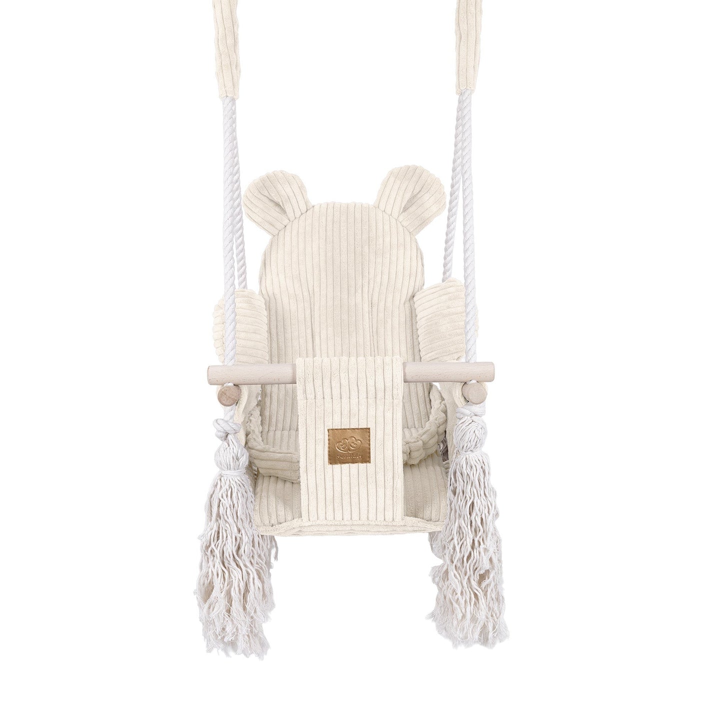 Ecru cotton baby swing front view with teddy ear design, wooden bar, and rope handles