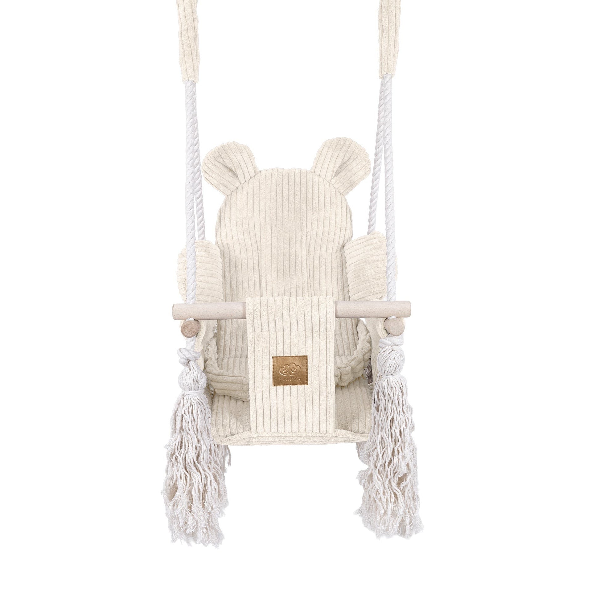 Ecru cotton baby swing front view with teddy ear design, wooden bar, and rope handles