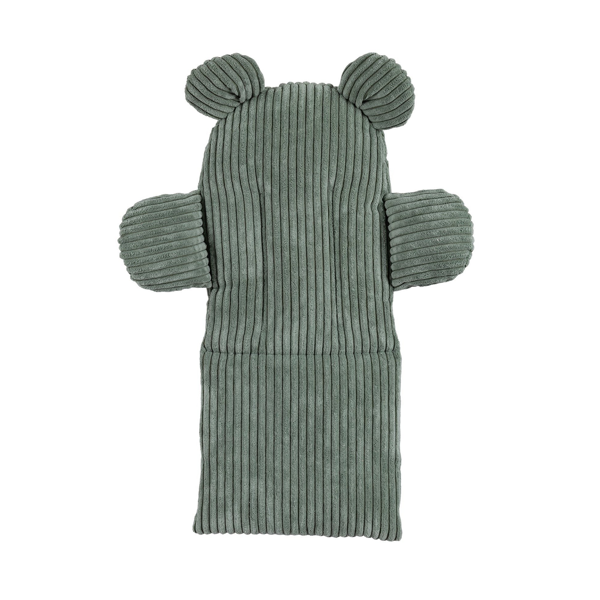 Olive green ribbed cotton swing seat with teddy bear ears and side arms, back view
