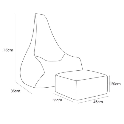 Tearo taupe bean bag and footrest set with dimension measurements showing 115cm height and 85cm width