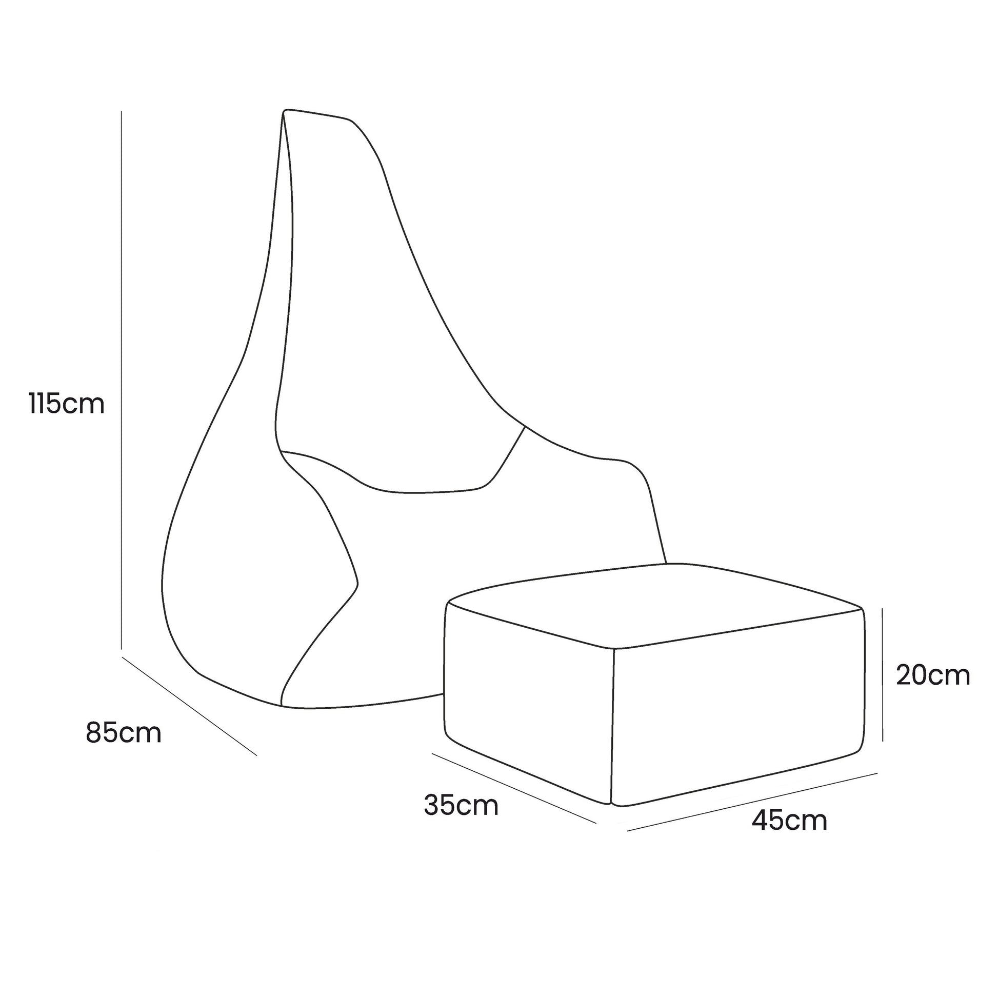 Tearo bean bag and footrest dimensions diagram showing 115cm height, 85cm width, footrest 45cm x 35cm x 20cm