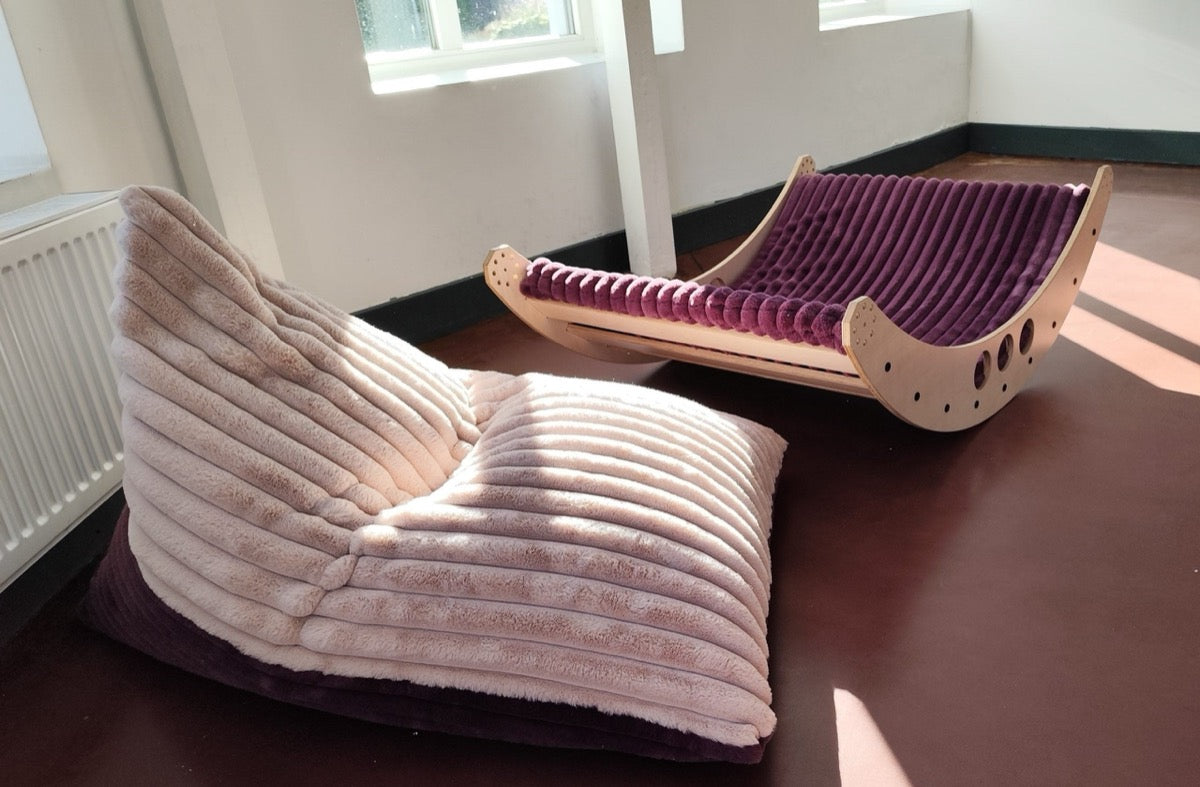 Lightweight kids beanbag chairs in rose mousse and berry placed indoors together